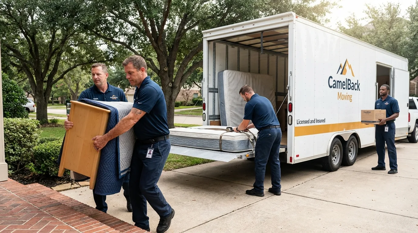 Crew loading residential truck for cross-state move from Alamo, TX