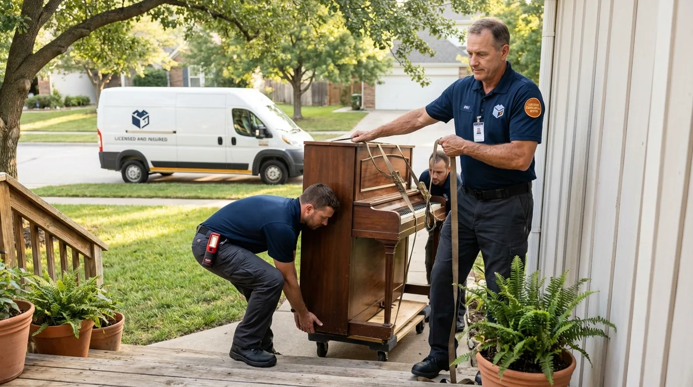 Licensed piano movers securing grand piano in Alamo, TX
