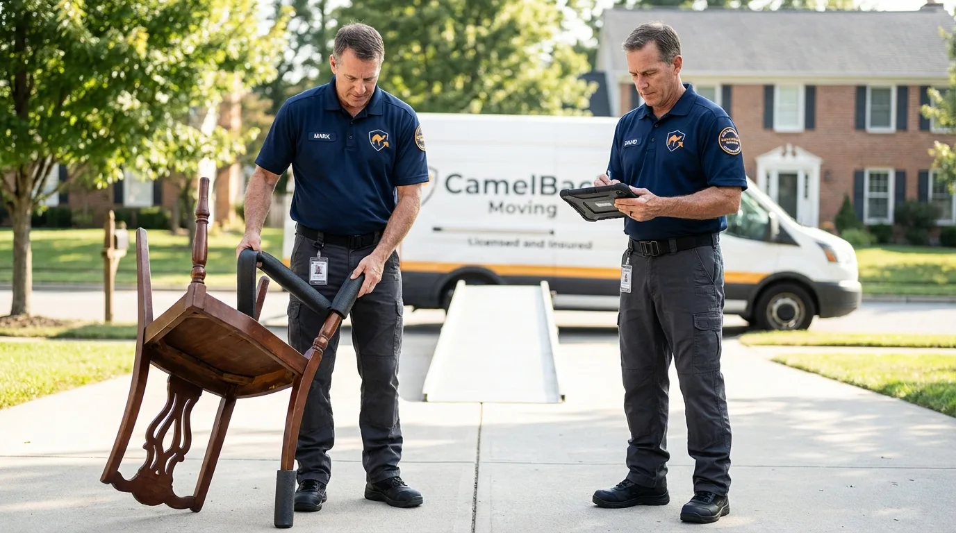 Movers inspecting furniture for damage prevention before loading in Alamo, TX