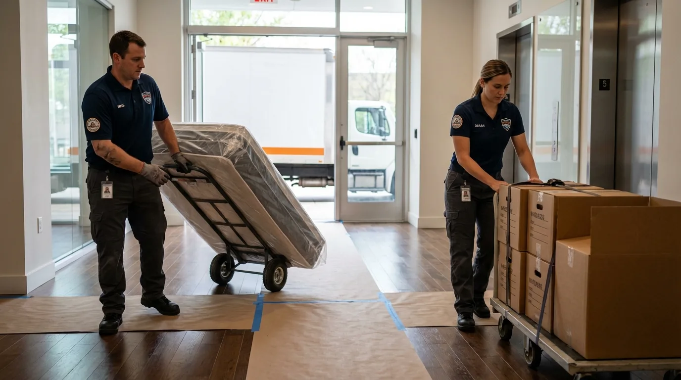 Professional apartment movers loading elevator in Alamo, TX