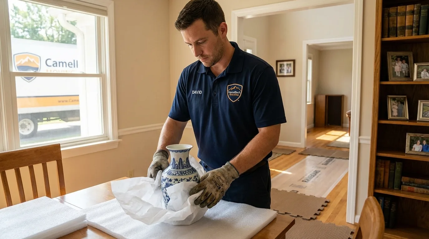 Professional crew carefully wrapping antique vase for senior downsizing move in Alamo, TX
